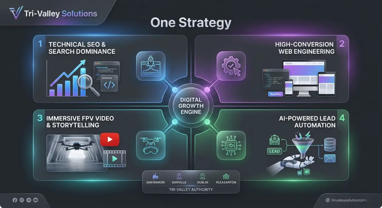 High-end digital marketing strategy infographic for Tri-Valley Solutions in San Ramon, showcasing SEO, web design, AI automation, and FPV drone integration with a glassmorphic luxury UI.
