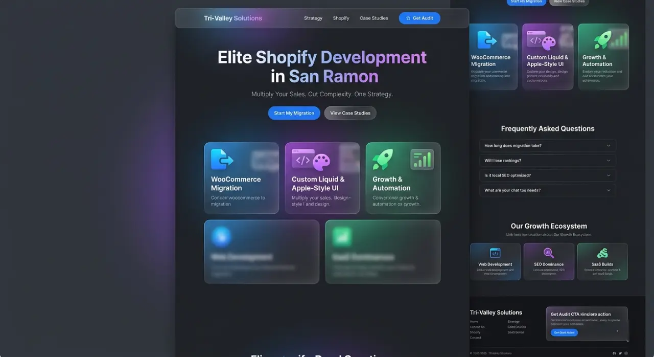 modern Shopify development service page for Tri-Valley Solutions in San Ramon, featuring WooCommerce migration and custom Liquid UI/UX.